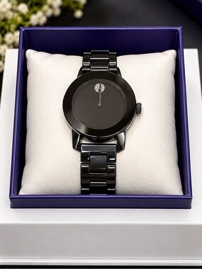 Movado  Black Stainless Steel Link Watch with Minimalist Dial
